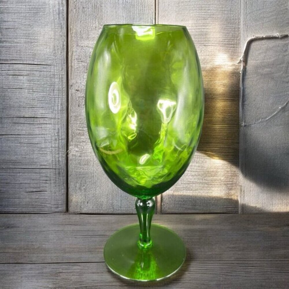 Tall Italian Empoli Glass Vase Footed Compote Hurricane Candle Holder Optic‎ VTG